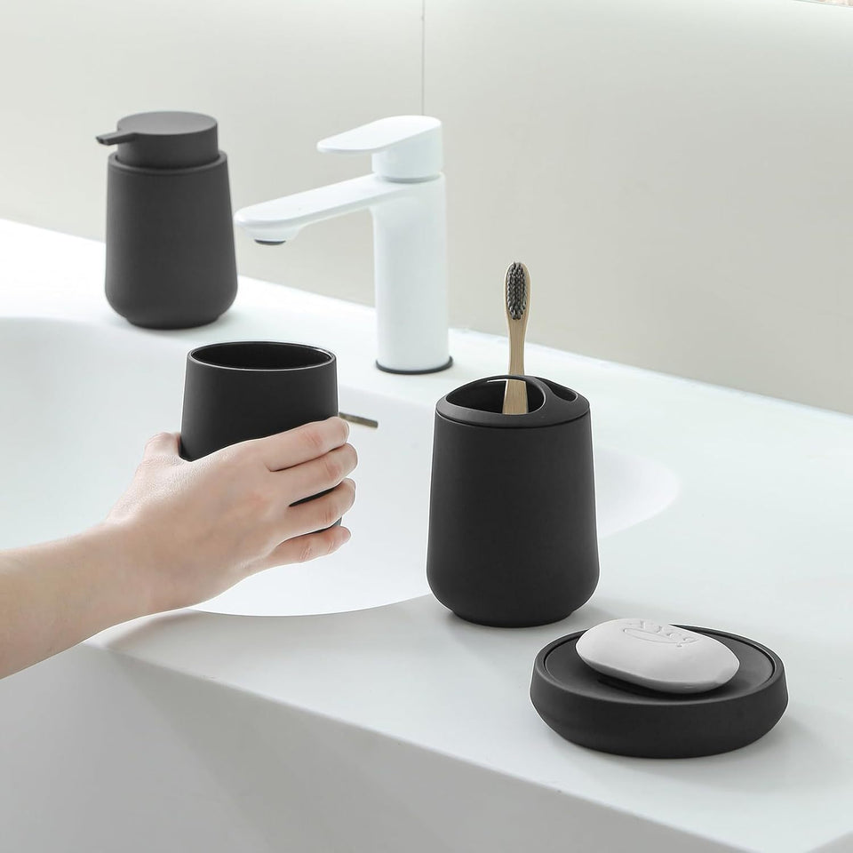 Matte Black Bathroom Accessories Set Plastic Soap Dispenser Toothbrush Holder Cup Soap Dish For Modern Bathroom Decor