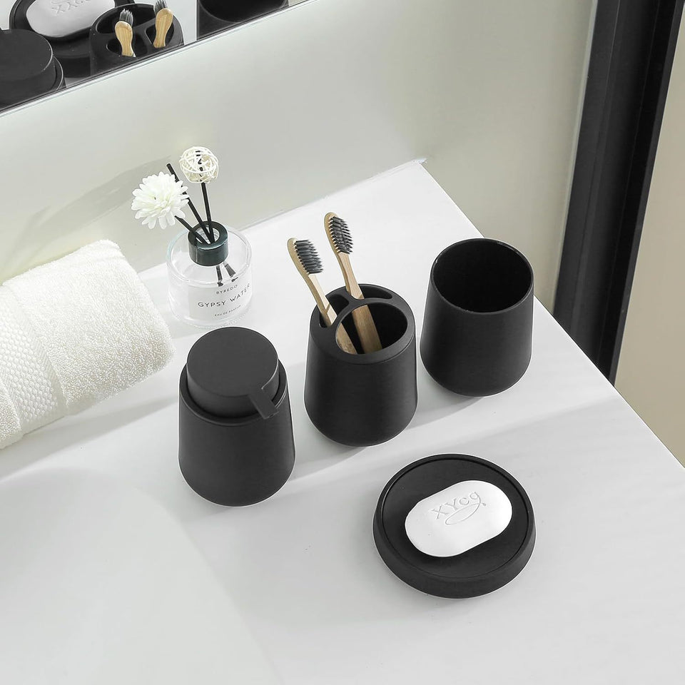 Matte Black Bathroom Accessories Set Plastic Soap Dispenser Toothbrush Holder Cup Soap Dish For Modern Bathroom Decor