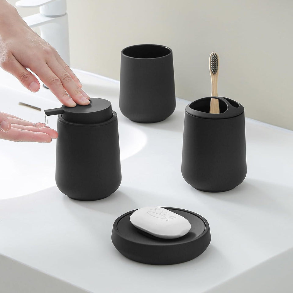 Matte Black Bathroom Accessories Set Plastic Soap Dispenser Toothbrush Holder Cup Soap Dish For Modern Bathroom Decor