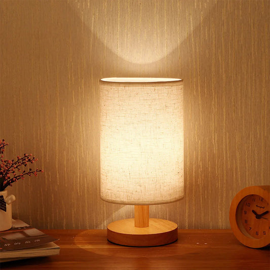 Wooden Desk Lamp Bedside Night Light with Cylinder Lamp