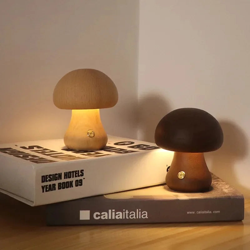 Wooden Cute Mushroom Bedside Table Lamp