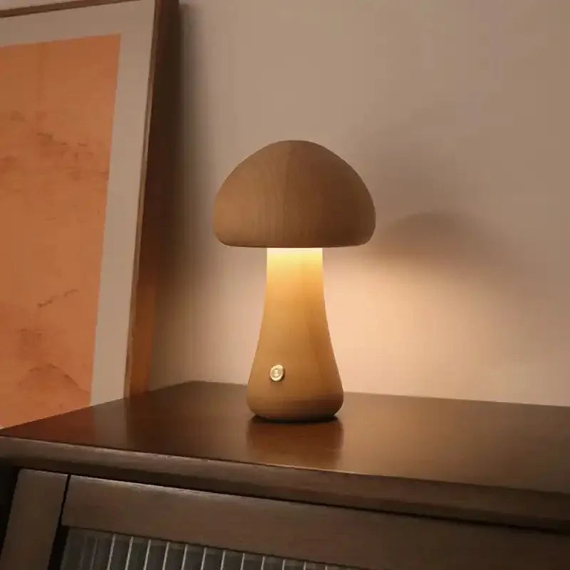 Wooden Cute Mushroom Bedside Table Lamp