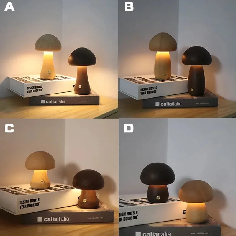 Wooden Cute Mushroom Bedside Table Lamp