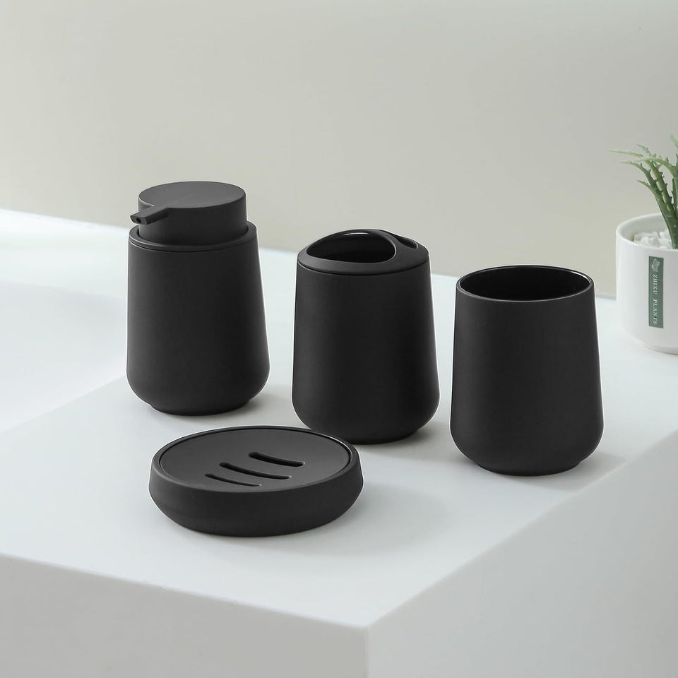 Matte Black Bathroom Accessories Set Plastic Soap Dispenser Toothbrush Holder Cup Soap Dish For Modern Bathroom Decor